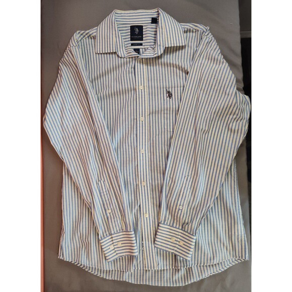 Men's U.S. Polo Assn Slim Fit Long Sleeve Dress Shirt White Blue Large - Picture 1 of 6